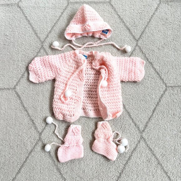 Handmade Vintage Pink Crochet Baby Set Jacket Booties & Hat With Pom Pom - Picture 3 of 3
